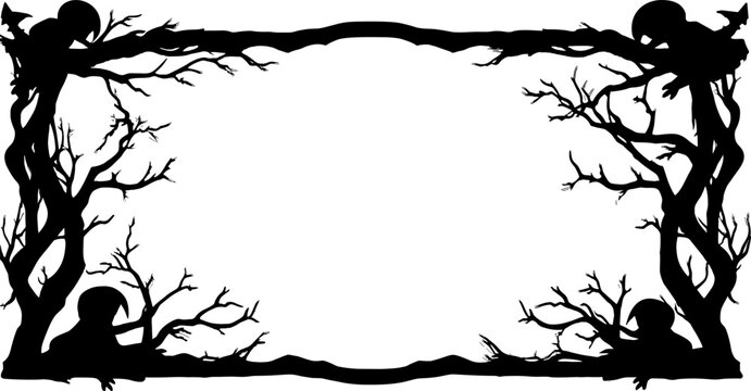 Scary frame border silhouette isolated on white backgrounf for Halloween day. AI generated illustration.