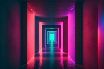 red purple light empty tunnel dark black door hall, neon retro color, illuminated futuristic dark corridor concrete walls endless copy space - obrazy, fototapety, plakaty