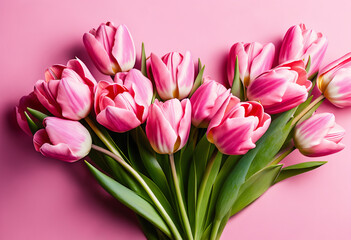 Obraz premium Bouquet of Pink Tulips on a Pastel Background. Ideal for Valentine's Day, Easter, Birthdays, Women's Day, and Mother's Day. Flat Lay, Top View, with Copy Space.