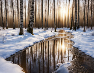 snow melting, puddles forming on the forest road. Seasonal rural landscape with snowy woods and patches of thawed ground. Month of March. - obrazy, fototapety, plakaty