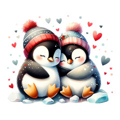 Two penguins in winter hats hugging amid falling hearts