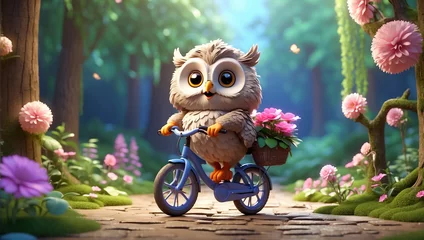 Fotobehang Cute cartoon owl on a bicycle in the summer park flowers © tanya78
