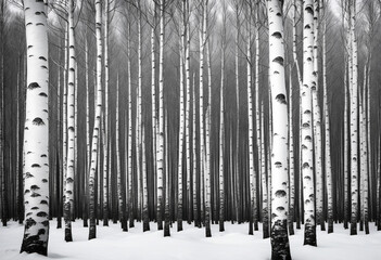 Monochrome nature backdrop. Birch trees silhouetted against the sky. Wintry birch woodland scene.