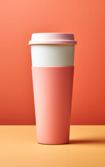 Single pink and white takeaway coffee cup on a two-tone background, a minimalistic approach for modern branding.