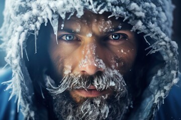 Happy face of a man in ice and snow. Frozen smiling man. Man in the north - obrazy, fototapety, plakaty
