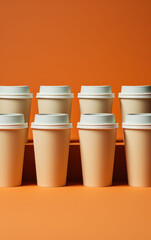 Collection of disposable coffee cups against a vibrant orange backdrop, perfect for contemporary branding and coffee culture visuals.