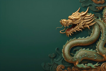 Chinese green wood dragon symbol of happy new year 2024 on green background with space for text