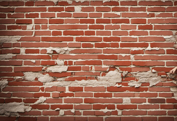 Antique brick wall with weathered plaster. Rustic red brick texture. Aged brick backdrop.
