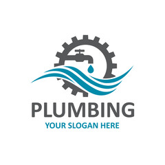 plumbing service icon with gear and water faucet isolated on white background