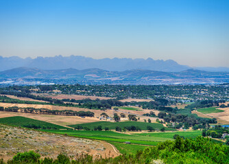 Fototapeta na wymiar Aerial shot of Durbanville and vineyards on a clear summer afternoon, Cape Town, South Africa