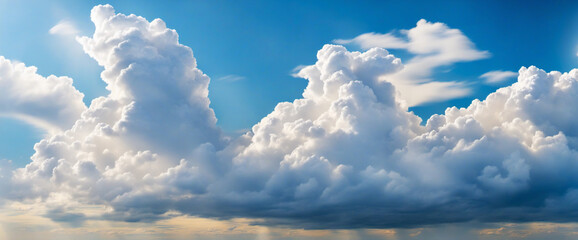 Sunny day with fluffy white clouds in a clear blue sky. Panoramic view of abstract sky background...