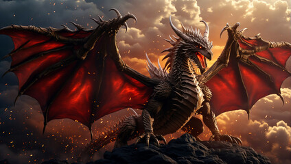 An aggressive red dragon on a mountain top.