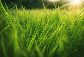 Morning sunlight illuminates lush green grass up close, creating a beautiful natural backdrop.