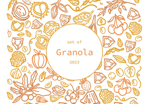 Granola hand drawn vector set. Crunches. Oats with fruits, berries, nuts, cocoa, tasty cereal ingredients.	