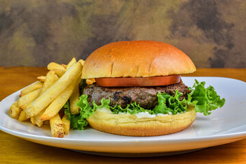 hamburger  on  brioche bun  with a side of fries