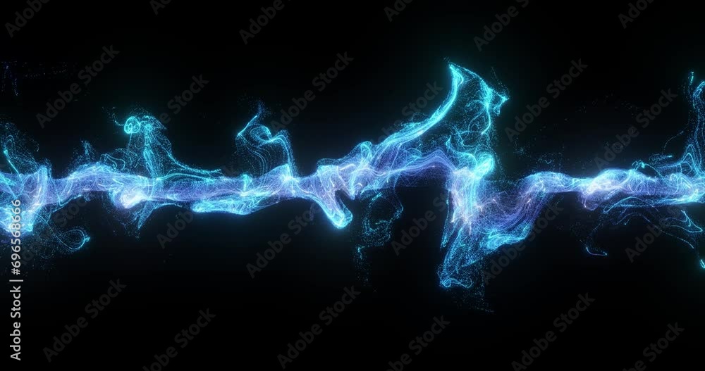 Poster flow of neon particles, creating a mesmerizing, undulating river of light that moves rhythmically in
