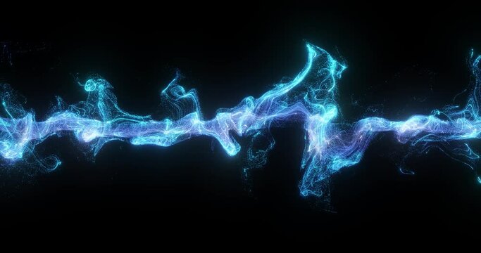Flow of neon particles, creating a mesmerizing, undulating river of light that moves rhythmically in a dark expanse, ideal for a high-tech backdrop. Loop, 3D render