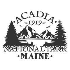 Acadia National Park Illustration Clip Art Design Shape. Maine Parks Silhouette Icon Vector. - obrazy, fototapety, plakaty