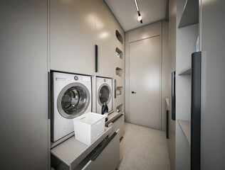 washing machine in front of a refrigerator, washing machine in the kitchen, laundry room design, ironing room, ironing room design, laundry, dryer and washing machine