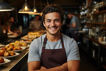 Smiling small business owner in an apron stands behind a counter with plates of food and looks at camera