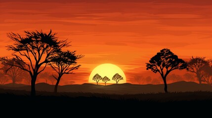 Fototapeta na wymiar Silhouetted trees against a fiery sky as the sun sets behind a tranquil countryside landscape.