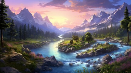 Fototapeta na wymiar Tranquil river winding through a lush valley, bathed in the soothing colors of twilight.