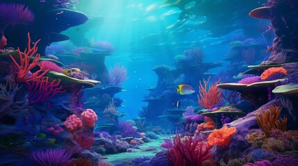 Fototapeta na wymiar Tranquil underwater realm with vibrant coral reefs, inhabited by fantastical sea creatures.