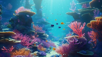 Tranquil underwater realm with vibrant coral reefs, inhabited by fantastical sea creatures.