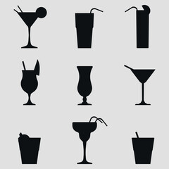 A set of cocktails on a gray background. Black silhouettes. Drinks on the background. Vector