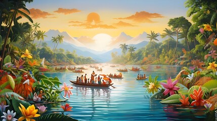 Boats on a lake in the tropics - obrazy, fototapety, plakaty