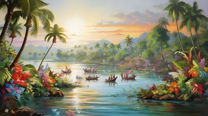 Boats on a lake in the tropics