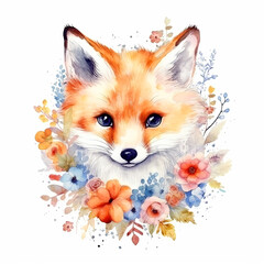 Cute watercolor baby fox animal with flowers isolated background. Nursery woodland illustration. Bohemian boho drawing for nursery poster, pattern