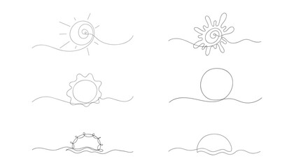 Set of abstract a sun drawn by one line. Sketch. Continuous line drawing simple art. Creative vector illustration in minimalist style.