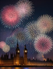 Fototapeta na wymiar view of Buckingham Palace, London and fireworks