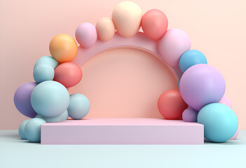 Minimal product podium stage with multicolor pastel color balloons in geometric shape for presentation background. Abstract background and decoration scene template.generative ai.