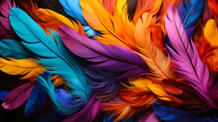 Foto op Plexiglas Explosion of vibrant multi-colored feathers creating a textured background, symbolizing diversity and creativity © Bartek