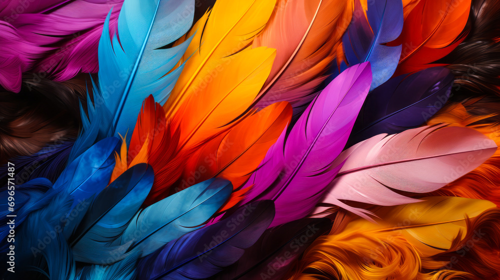 Poster explosion of vibrant multi-colored feathers creating a textured background, symbolizing diversity an