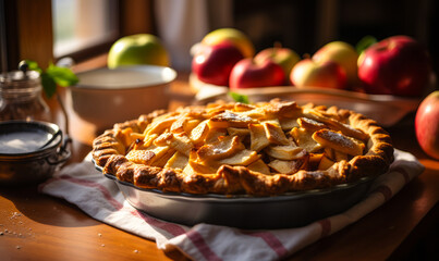 Freshly baked apple pie on kitchen counter with warm sunlight, surrounded by fresh apples and dishes, invoking cozy, home-cooked meal atmosphere