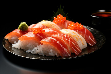 A plate of freshly made sushi nigiri, focusing on the shiny texture of the fish. 8k,