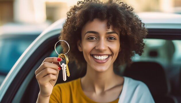 Happy woman buying new car , Delightful girl showing auto keys to the camera , Automobile industry and rental car.
