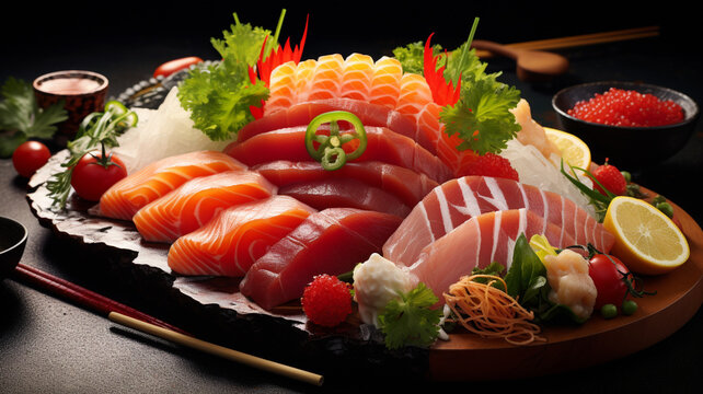 A platter of fresh sashimi, with a focus on the delicate slices and fresh colors. 8k,