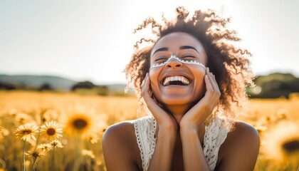 Happy beautiful woman smiling in a field , Delightful female enjoying summertime sunny day outside , Wellbeing concept with confident girl laughing in the nature