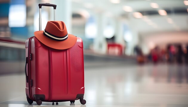 Travel suitcase and beach hat at the airport

