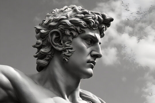The greek god hermes statue. Male statue of a Roman deity, muscular in Olympus. Ancient Greek religion.