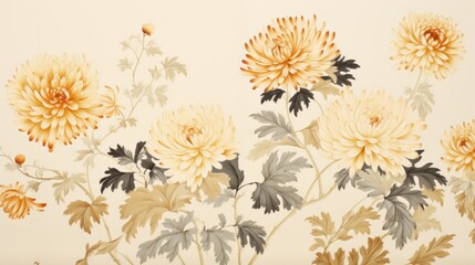  a painting of a bunch of yellow flowers on a wall with leaves and flowers on the side of the wall.