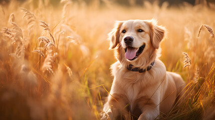Happy Golden Retriever Dog Sitting in Sunlit Field