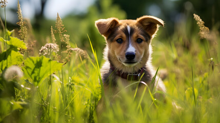 Cute Corgi Puppy Peeking through Summer Grass Field