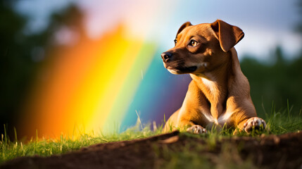 Obraz premium Contemplative Puppy with Rainbow Sunset Background in Nature