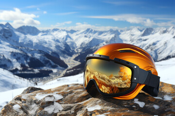 Ski helmet and goggles with reflection of mountains against the backdrop of scenic snowy mountain tops. Winter ski and snowboarding vacation concept. - obrazy, fototapety, plakaty