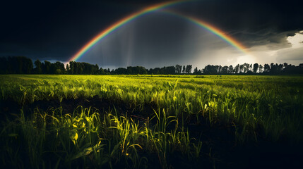 Dramatic Rainbow over Darkened Farmland